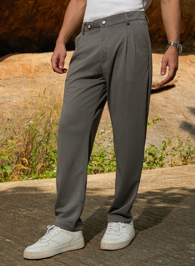 CAHOOT  Men's Ash Grey Micro-Check Chino Trousers For Casual Wear | Mid-Rise | Regular Fit | Button Closure | Trousers Crafted With Comfort Fit For Everyday Wear for Men | Best Price UAE